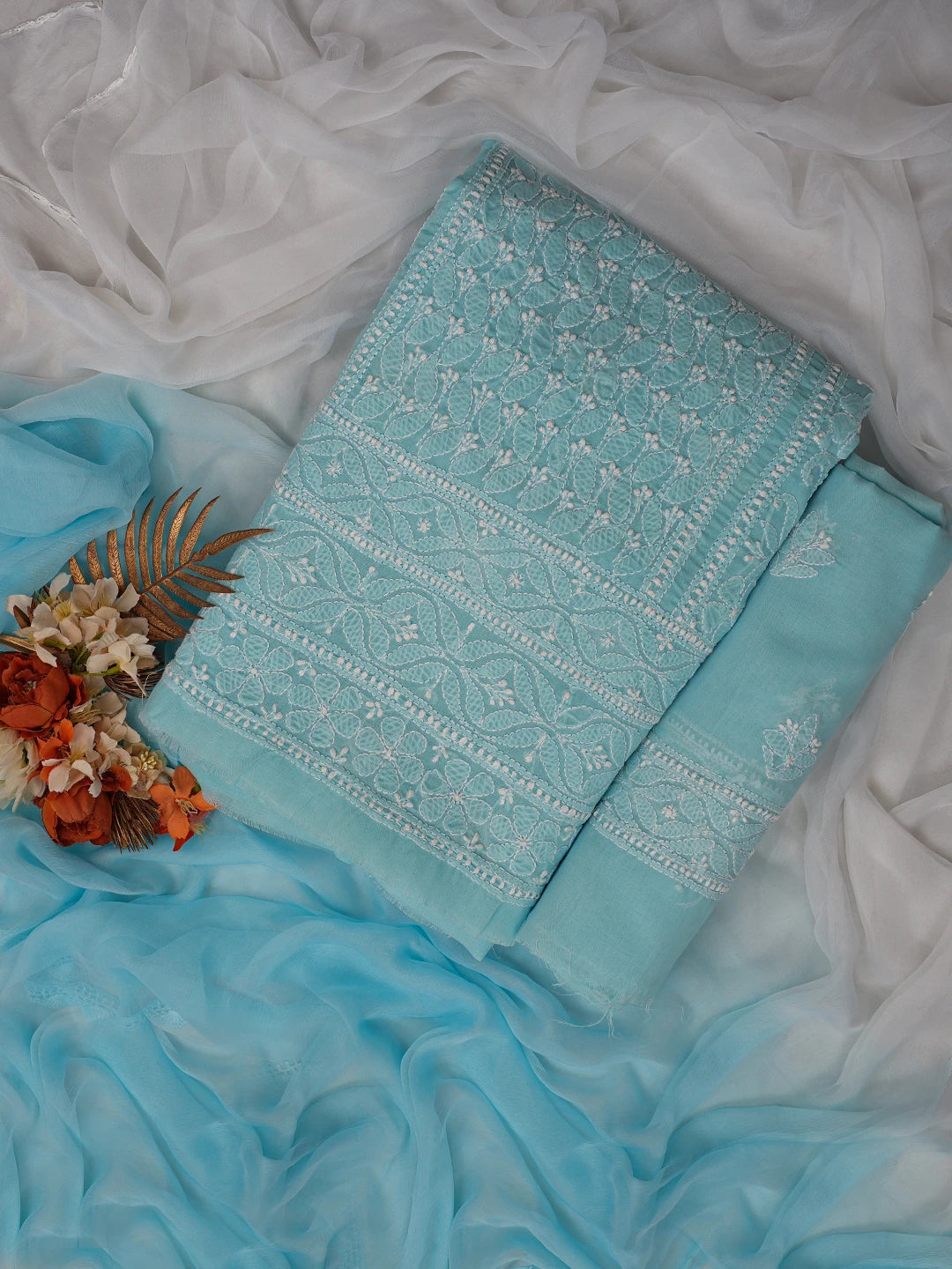 Ada Hand Embroidered Sky Blue Cotton Lucknowi Chikankari Unstitched Suit Piece 01A785238