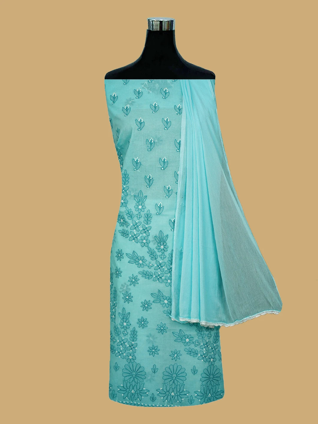 Ada Hand Embroidered Verdigris Turquoise Cotton Lucknowi Chikankari Unstitched Suit Piece 01A786992
