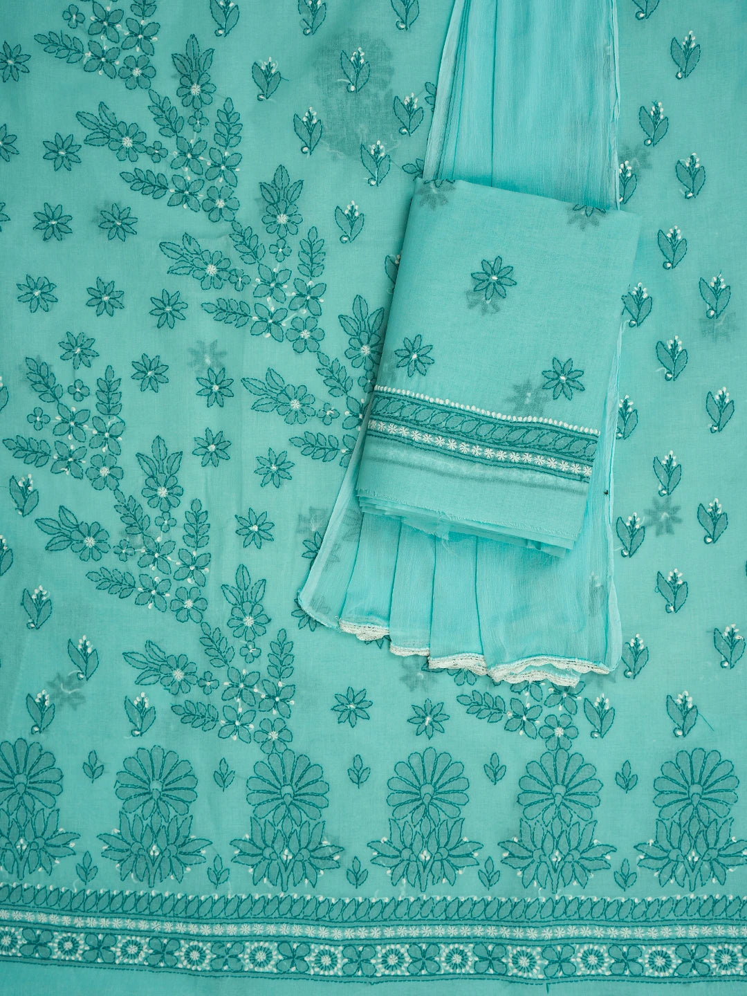Ada Hand Embroidered Verdigris Turquoise Cotton Lucknowi Chikankari Unstitched Suit Piece 01A786992