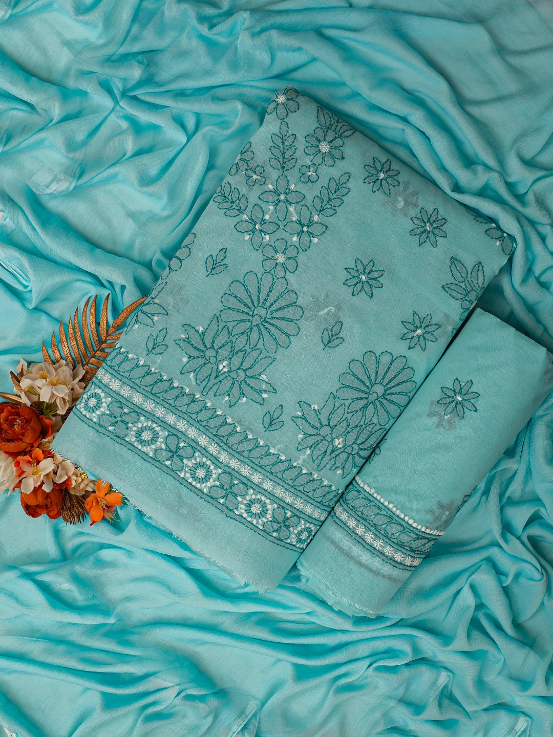 Ada Hand Embroidered Verdigris Turquoise Cotton Lucknowi Chikankari Unstitched Suit Piece 01A786992