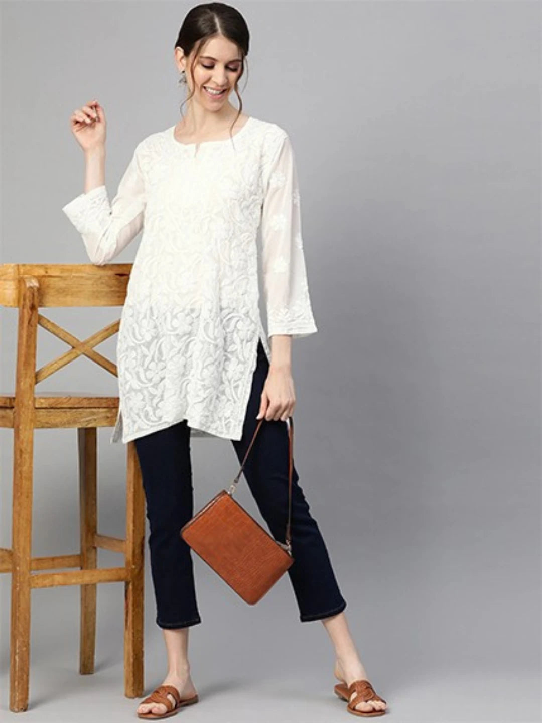 Ada Hand Embroidered White Georgette Lucknowi Chikankari Straight Kurti A911125