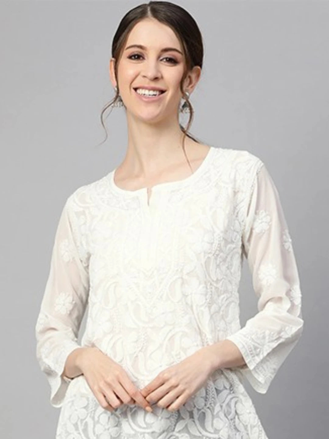 Ada Hand Embroidered White Georgette Lucknowi Chikankari Straight Kurti A911125