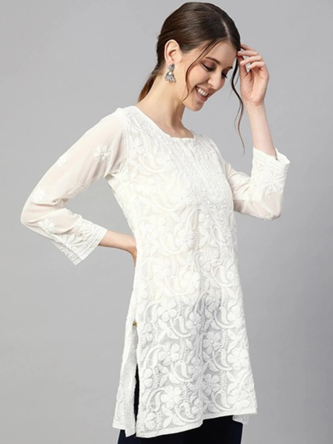 Ada Hand Embroidered White Georgette Lucknowi Chikankari Straight Kurti A911125