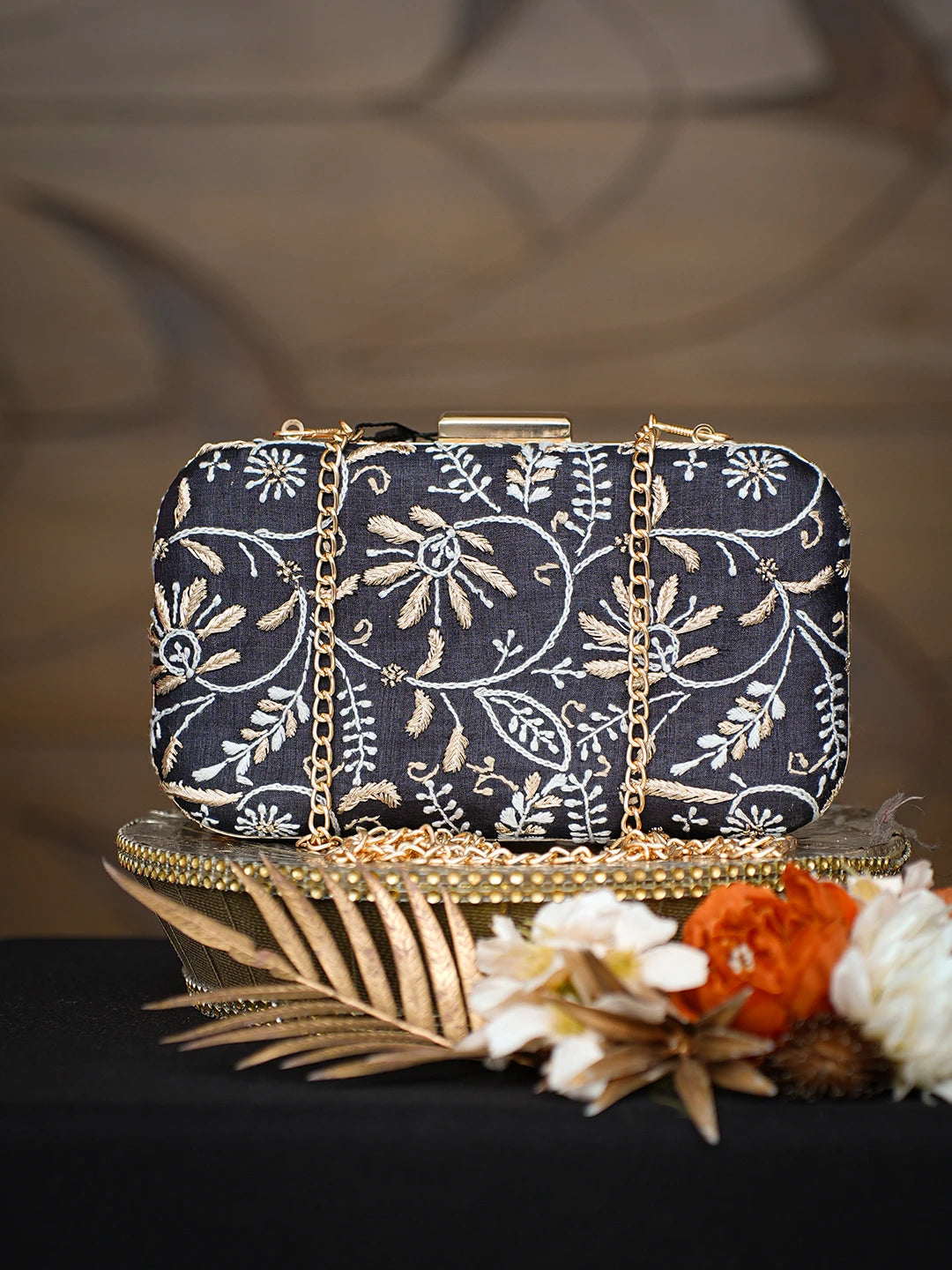 Ada Hand Embroidered Black Silk Lucknowi Chikankari Clutch With Zari Taar Work 01A784727