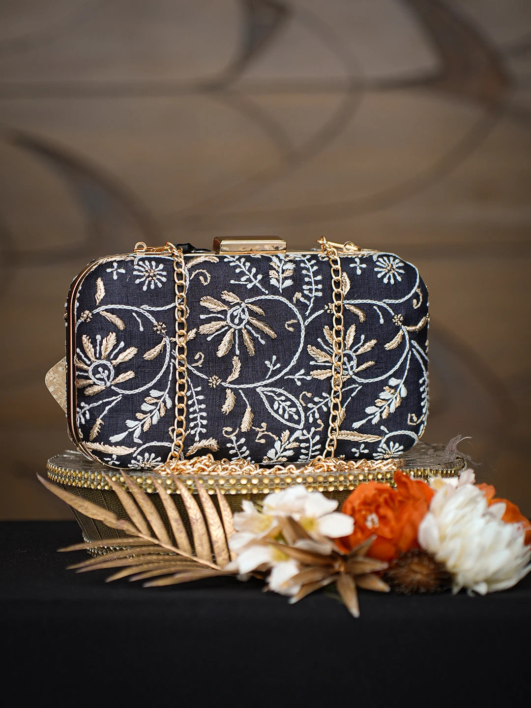 Ada Hand Embroidered Black Silk Lucknowi Chikankari Clutch With Zari Taar Work 01A784727