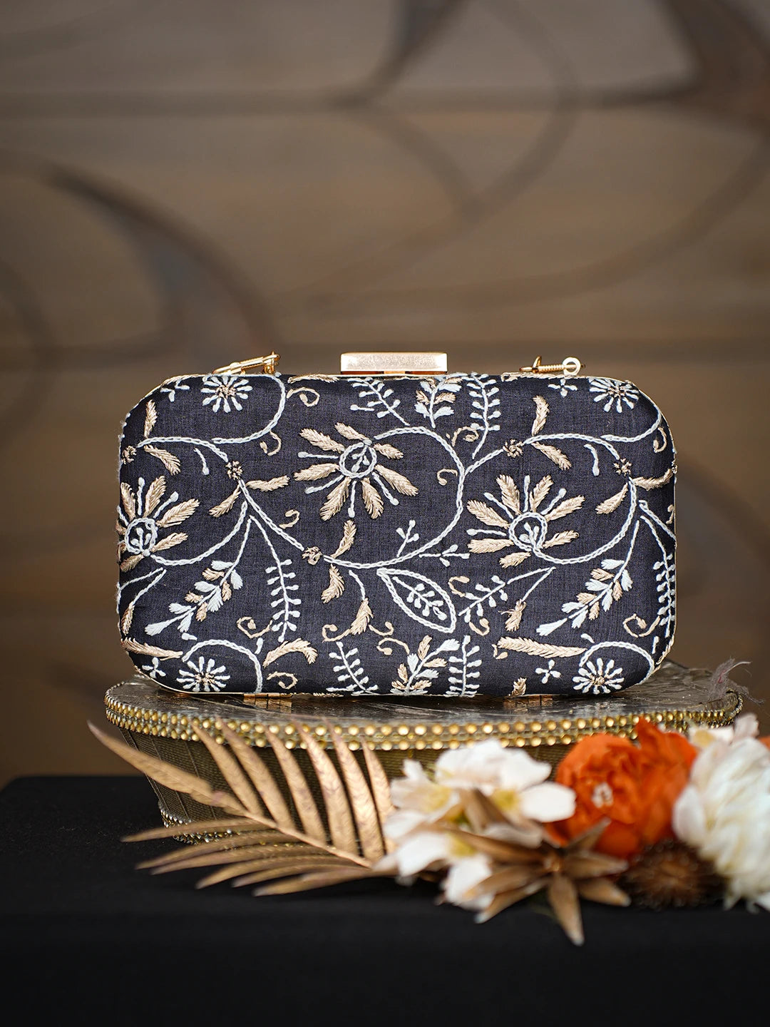 Ada Hand Embroidered Black Silk Lucknowi Chikankari Clutch With Zari Taar Work 01A784727
