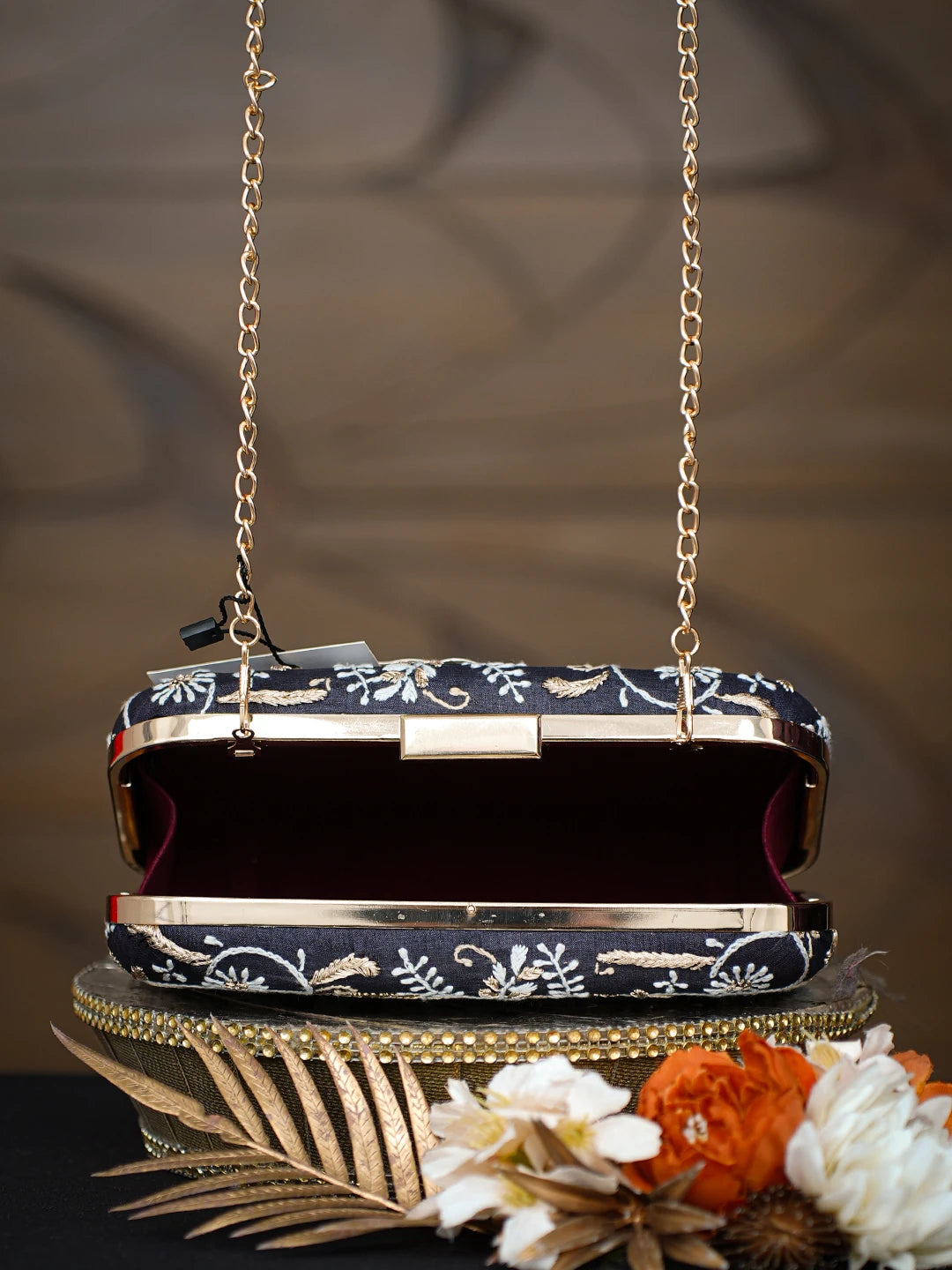 Ada Hand Embroidered Black Silk Lucknowi Chikankari Clutch With Zari Taar Work 01A784727