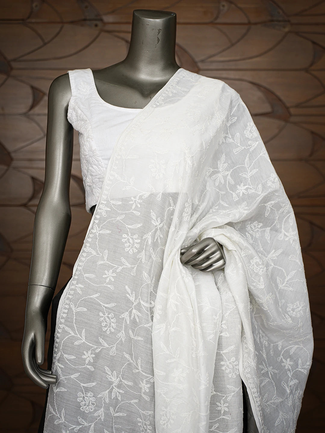 Ada Hand Embroidered White Chanderi Lucknowi Chikankari Dupatta 01A793257