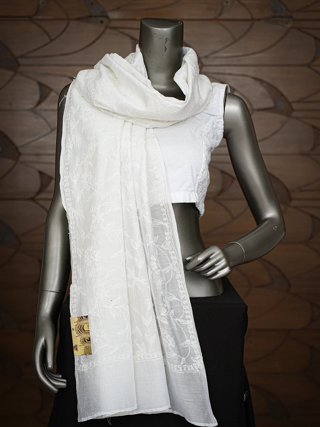 Ada Hand Embroidered White Chanderi Lucknowi Chikankari Dupatta 01A793257