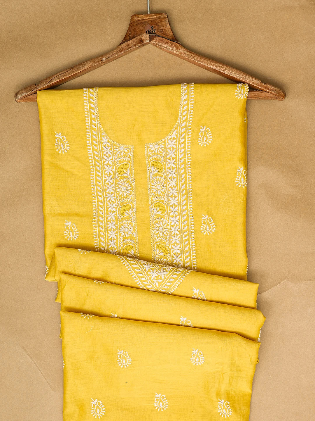 Ada Hand Embroidered Yellow Chanderi Lucknowi Chikankari Unstitched Men's Kurta Piece 01A785584