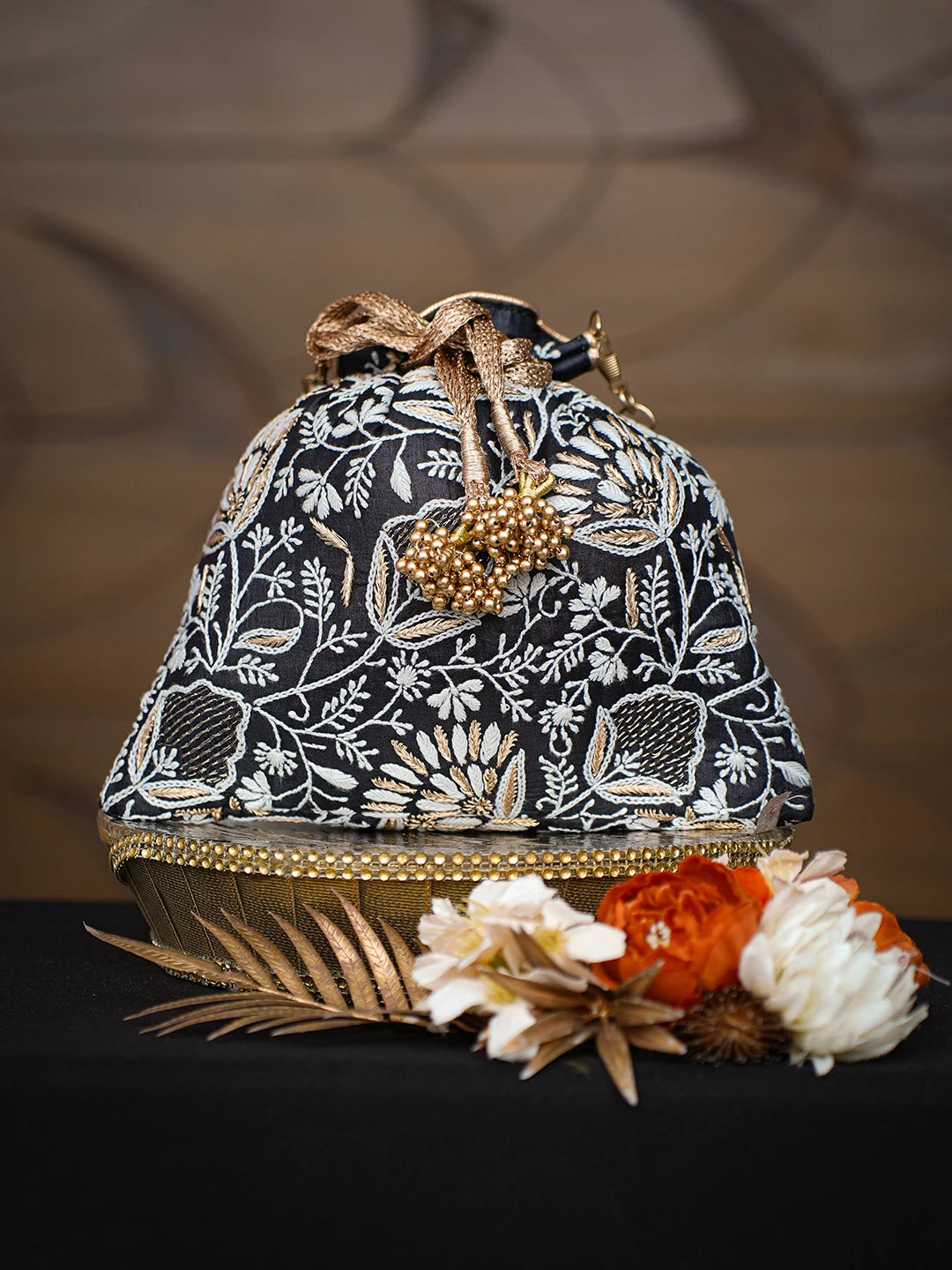 Ada Hand Embroidered Black Silk Lucknowi Chikankari Clutch With Zari Work 01A775746