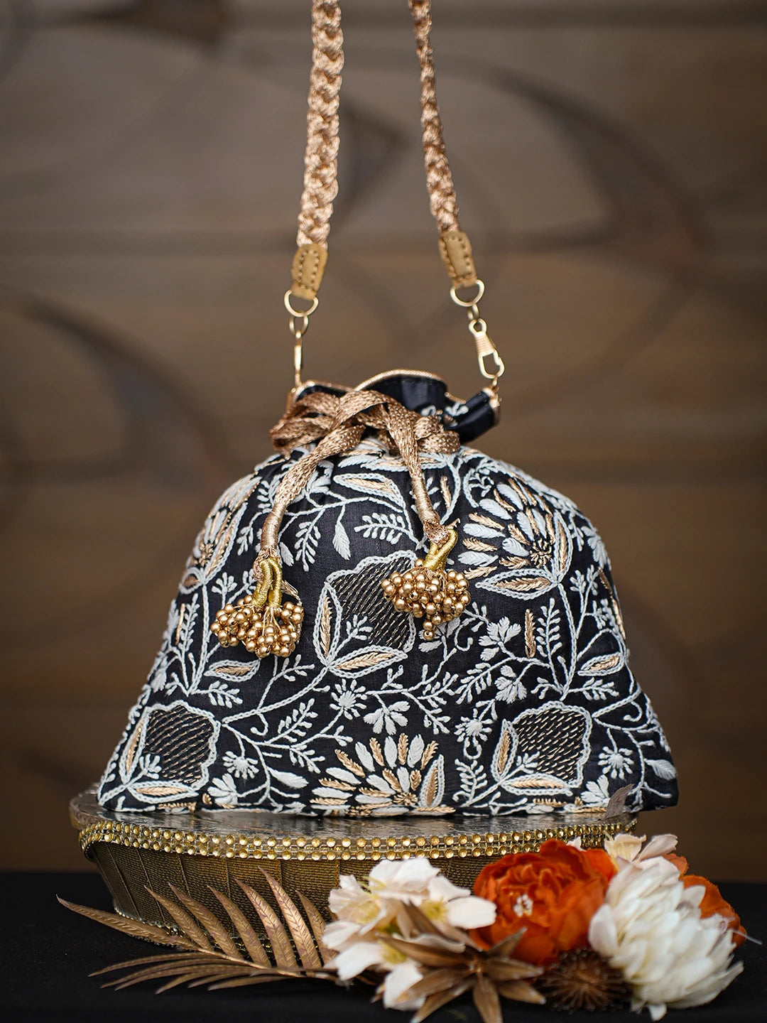 Ada Hand Embroidered Black Silk Lucknowi Chikankari Clutch With Zari Work 01A775746