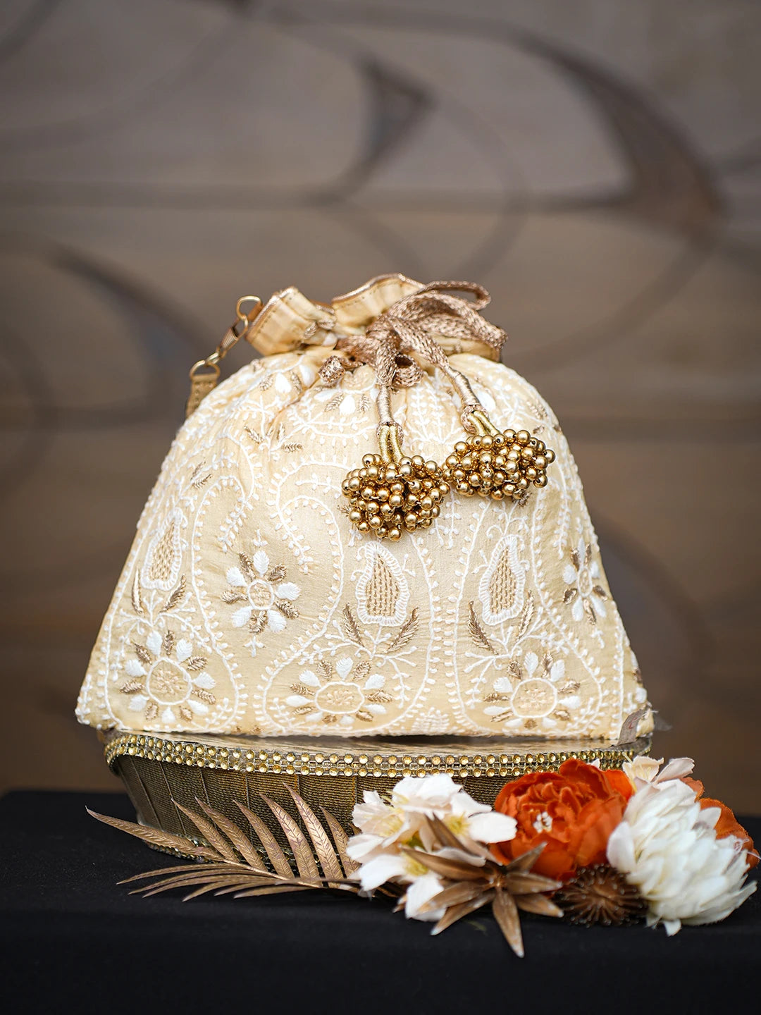 Ada Hand Embroidered Fawn Silk Lucknowi Chikankari Clutch With Zari Work 01A784279