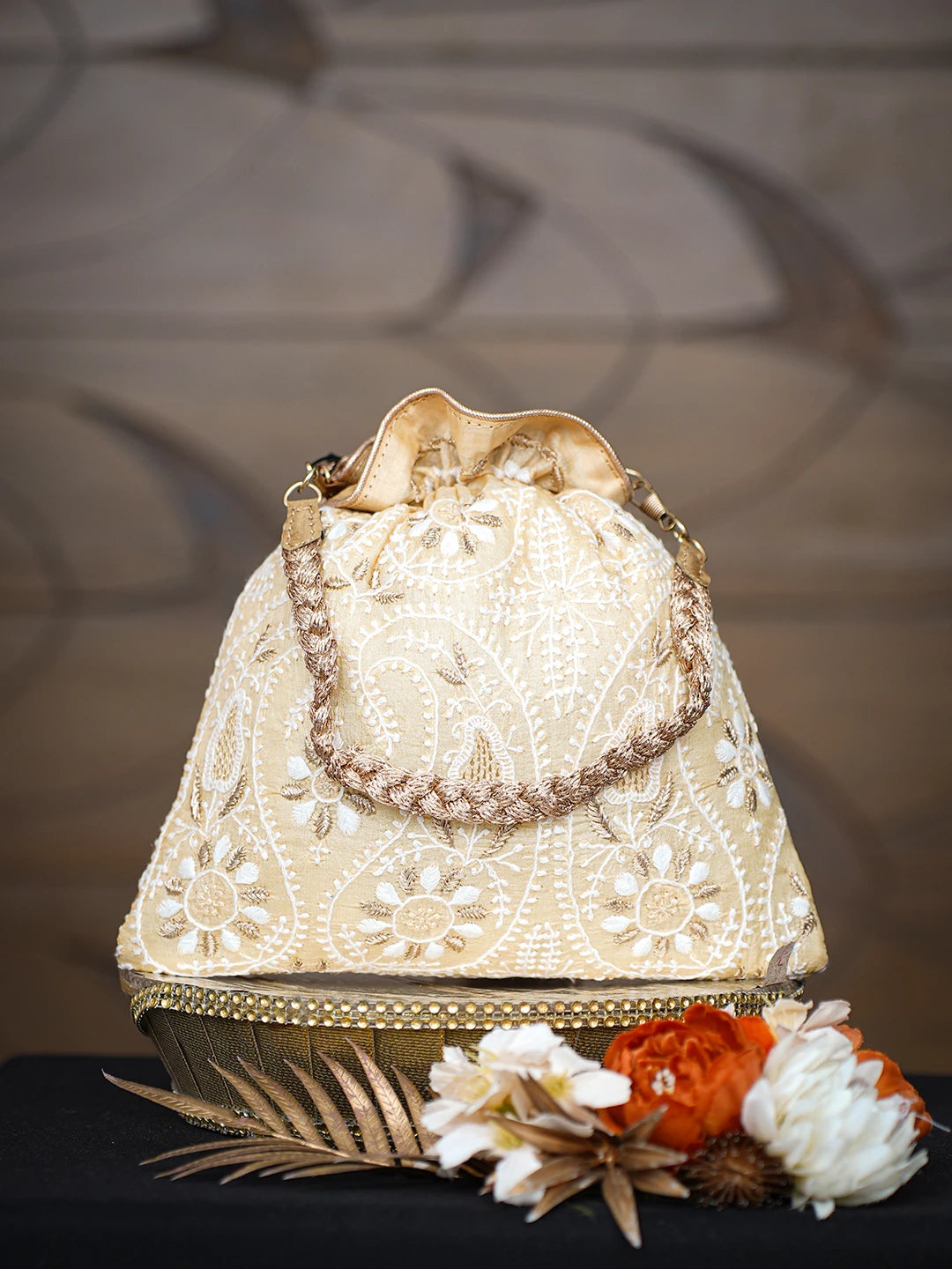 Ada Hand Embroidered Fawn Silk Lucknowi Chikankari Clutch With Zari Work 01A784279