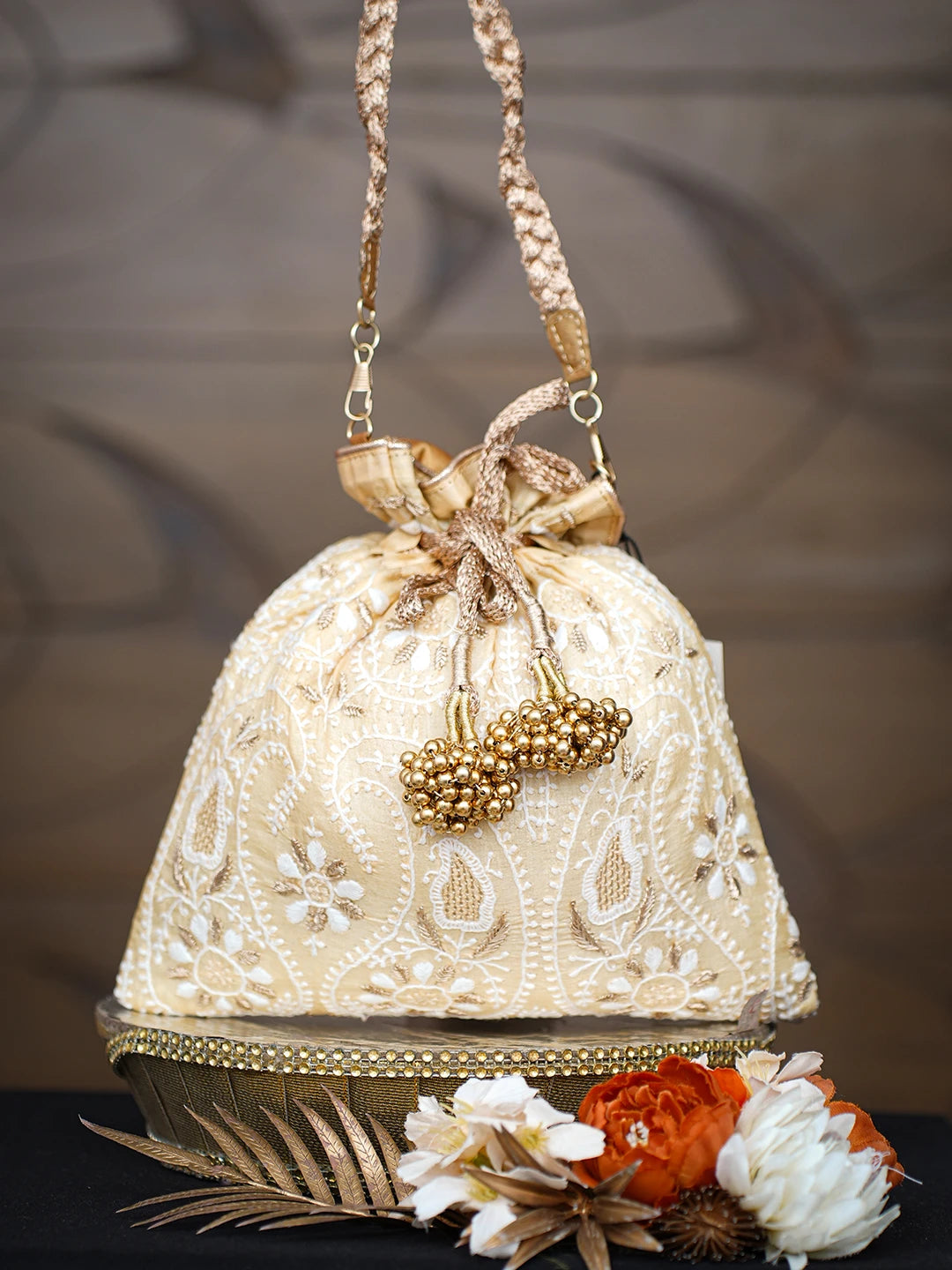 Ada Hand Embroidered Fawn Silk Lucknowi Chikankari Clutch With Zari Work 01A784279