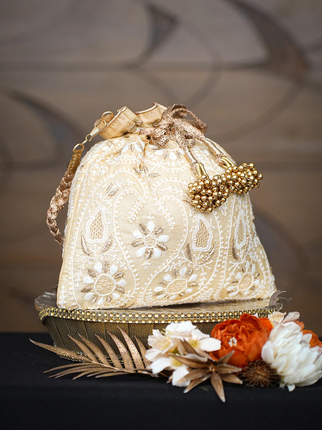 Ada Hand Embroidered Fawn Silk Lucknowi Chikankari Clutch With Zari Work 01A784279