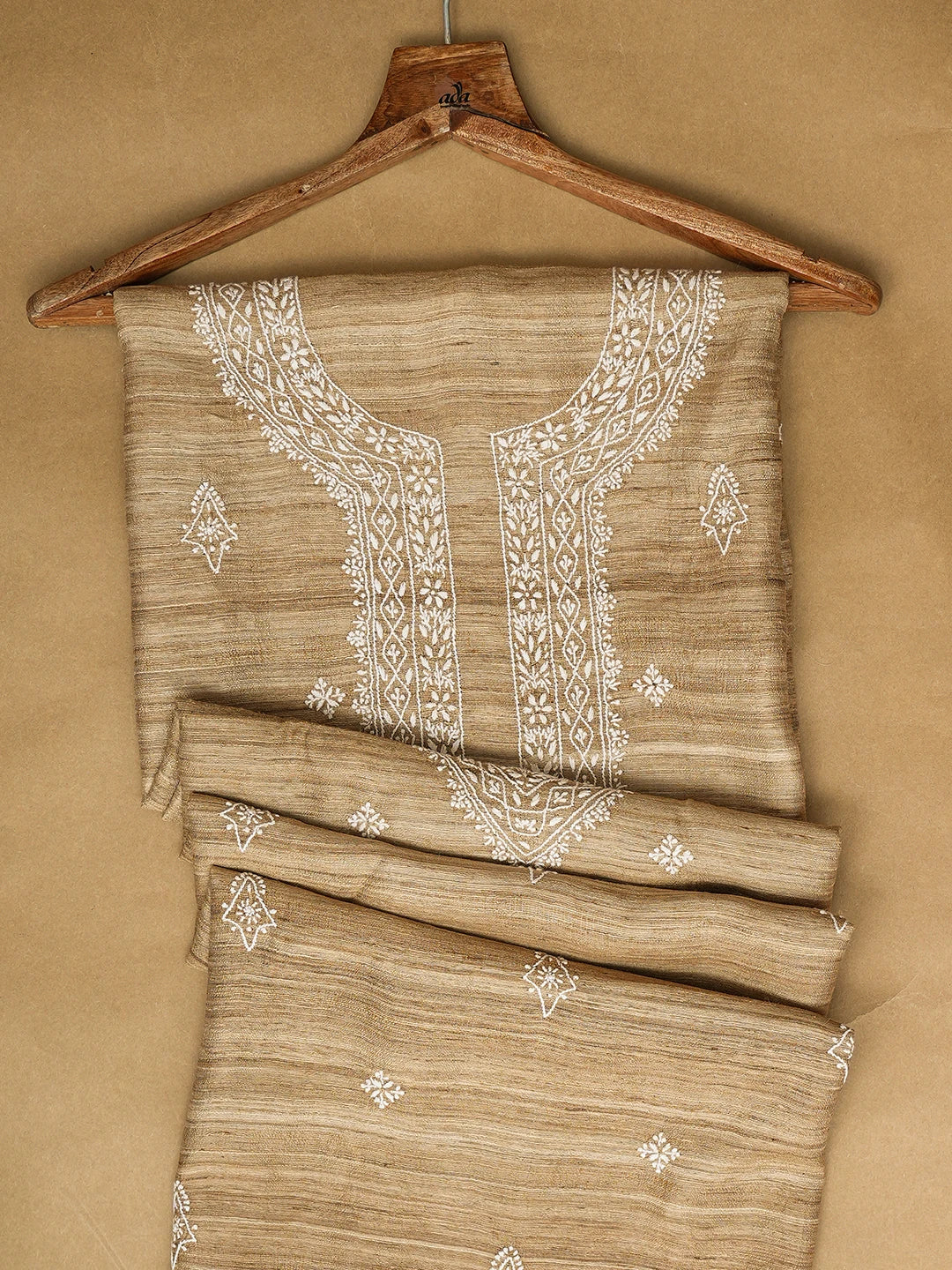 Ada Hand Embroidered Fawn Ghicha Silk Lucknowi Chikankari Unstitched Men's Kurta Piece 01A774868