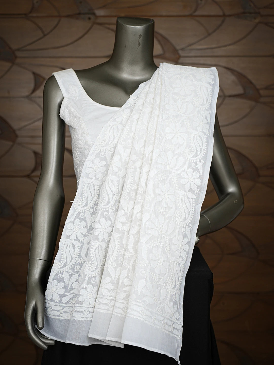 Ada Hand Embroidered White Cotton Lucknowi Chikankari Dupatta 01A793244
