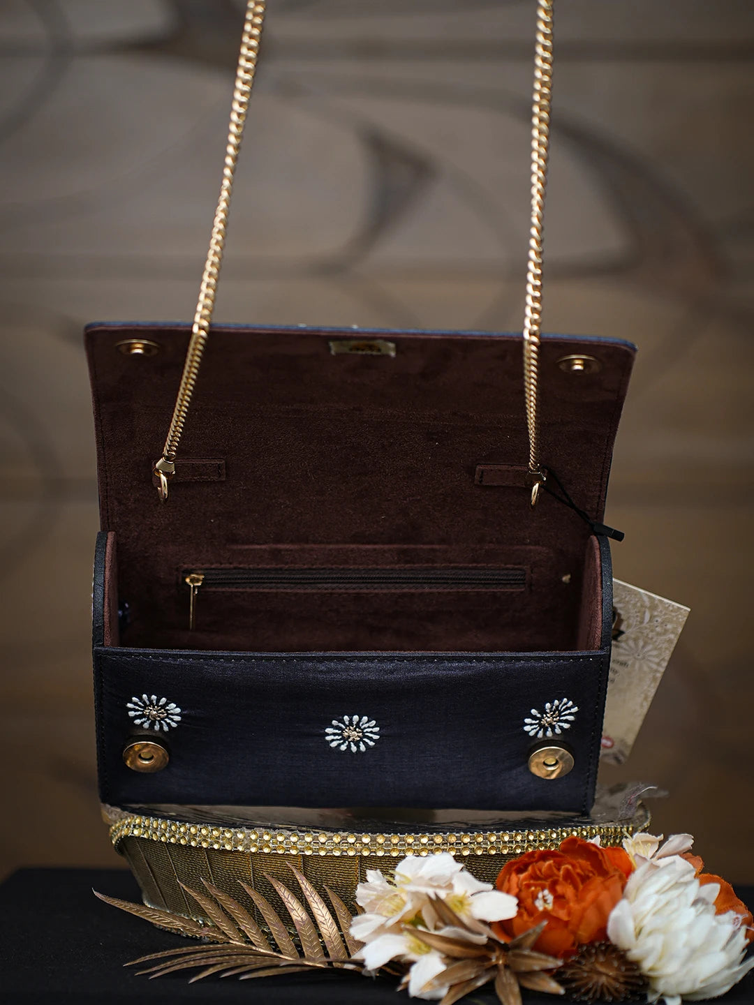Ada Hand Embroidered Black Silk Lucknowi Chikankari Clutch With Zari Work 01A777832