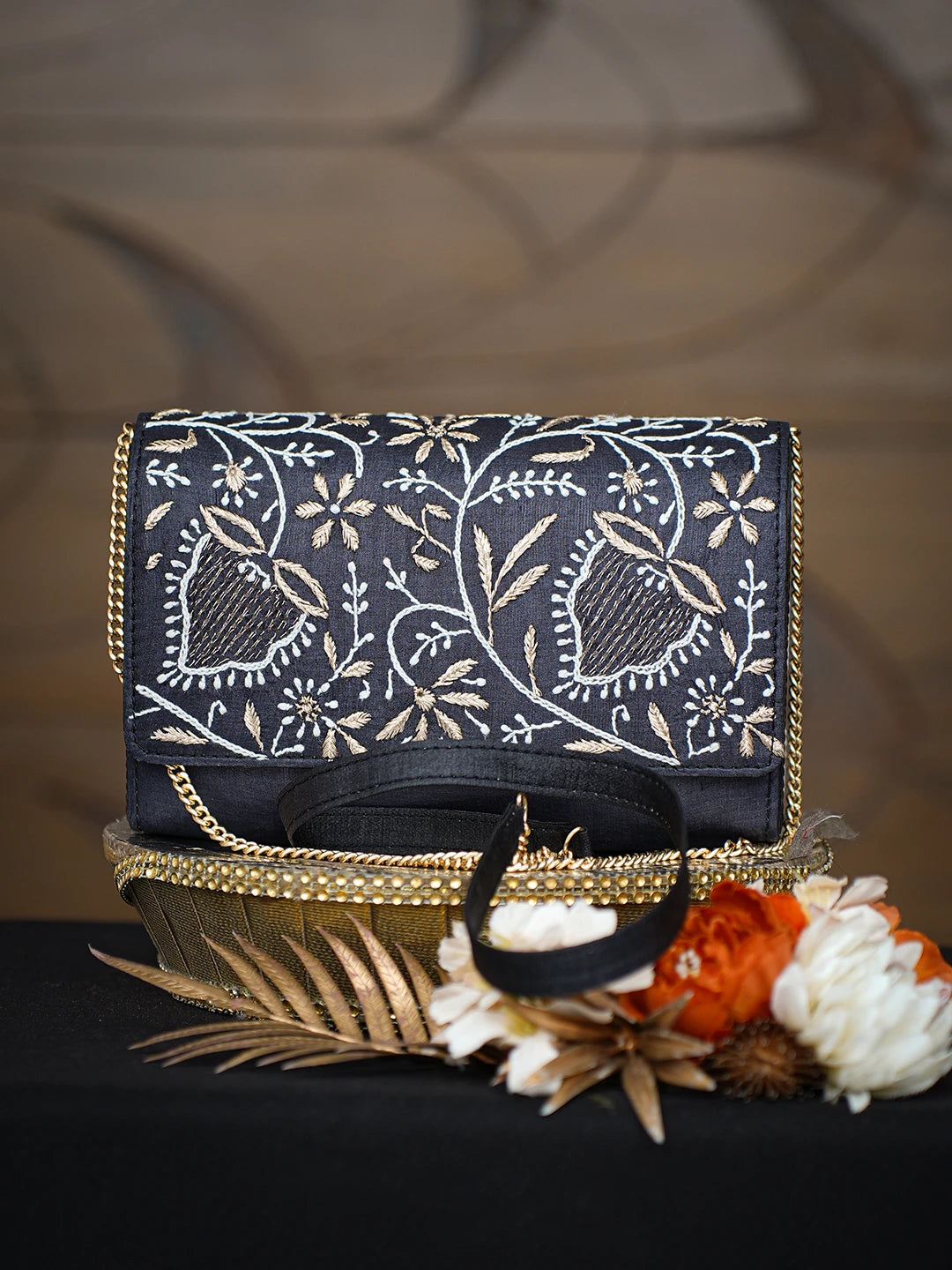 Ada Hand Embroidered Black Silk Lucknowi Chikankari Clutch With Zari Work 01A777832