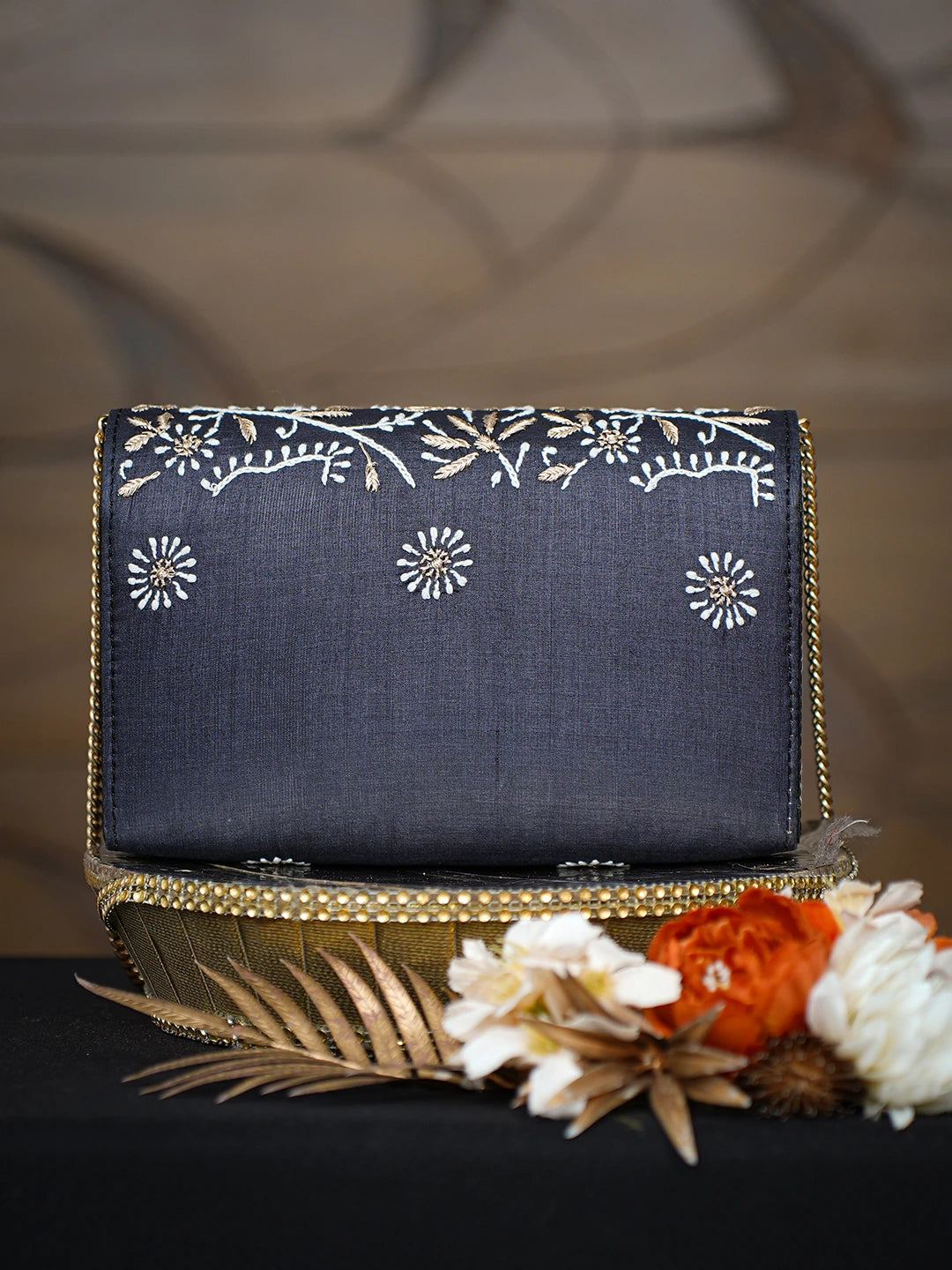 Ada Hand Embroidered Black Silk Lucknowi Chikankari Clutch With Zari Work 01A777832