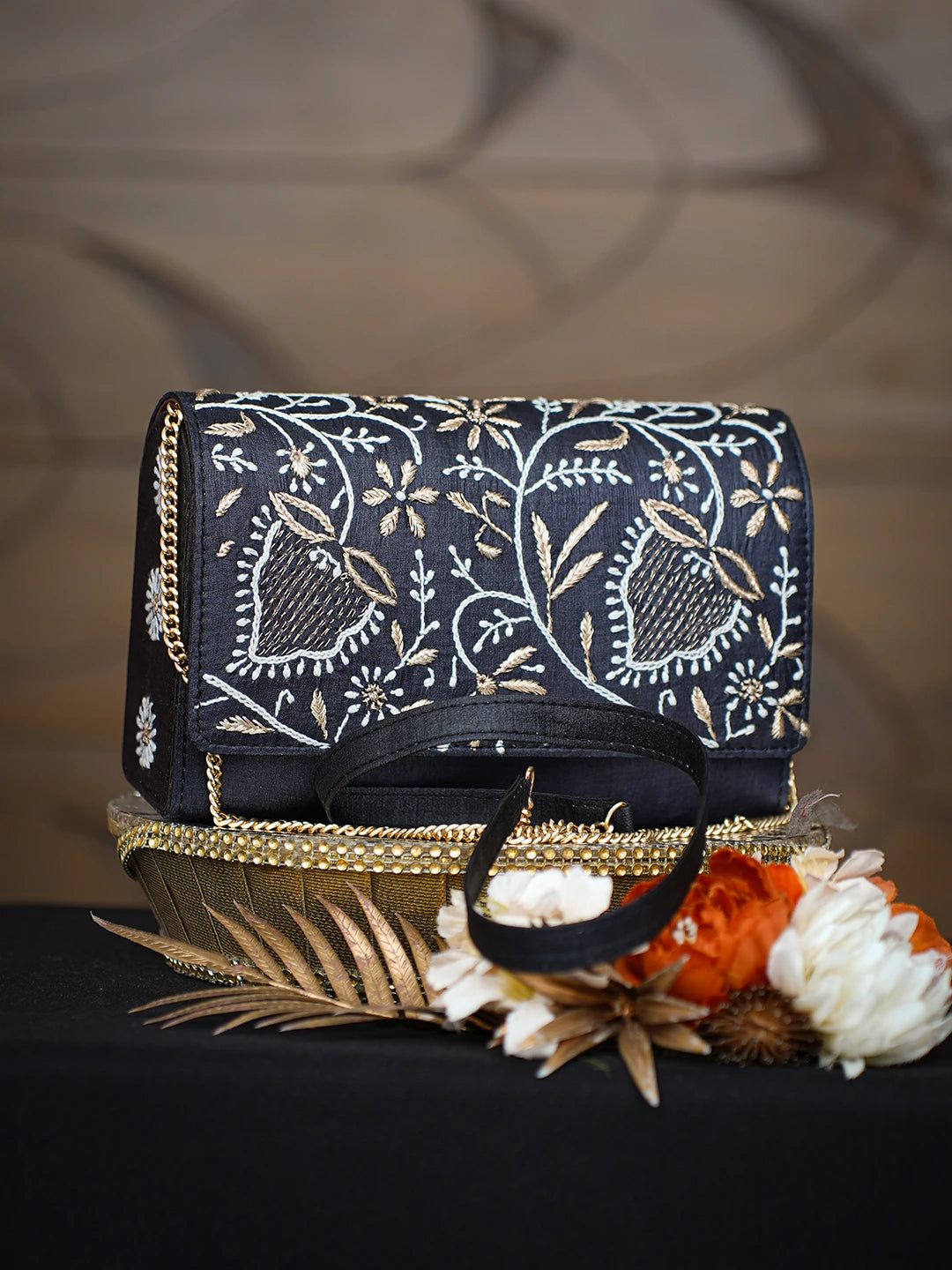 Ada Hand Embroidered Black Silk Lucknowi Chikankari Clutch With Zari Work 01A777832