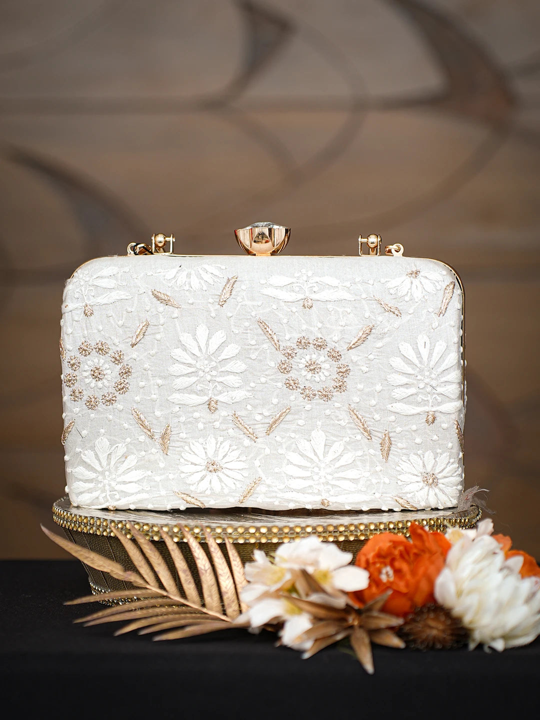 Ada Hand Embroidered Grey Silk Lucknowi Chikankari Clutch With Zari Taar Work 01A791371