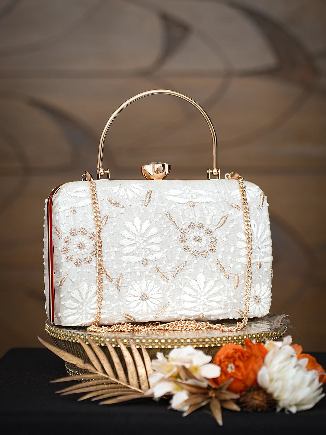Ada Hand Embroidered Grey Silk Lucknowi Chikankari Clutch With Zari Taar Work 01A791371