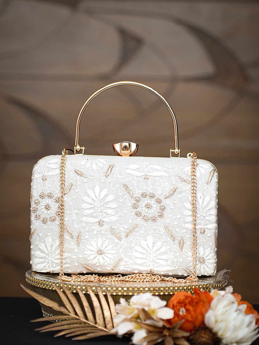 Ada Hand Embroidered Grey Silk Lucknowi Chikankari Clutch With Zari Taar Work 01A791371