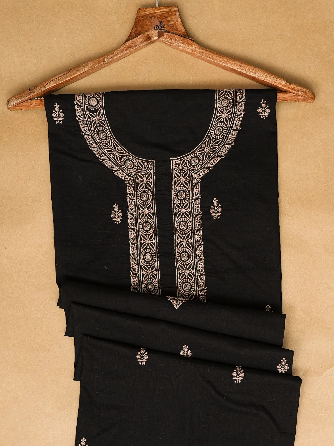 Ada Hand Embroidered Black Cotton Lucknowi Chikankari Unstitched Men's Kurta Piece 01A728280