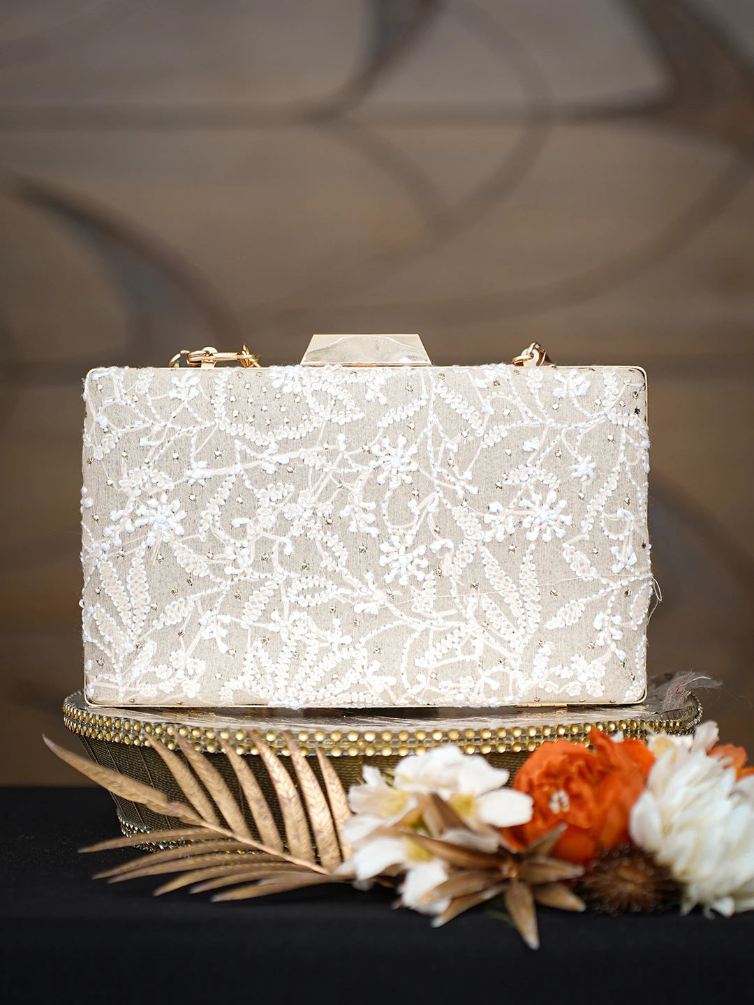 Ada Hand Embroidered Fawn Silk Lucknowi Chikankari Clutch With Muqaish Work 01A791411