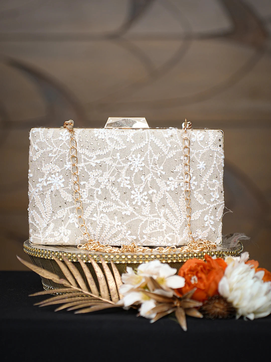 Ada Hand Embroidered Fawn Silk Lucknowi Chikankari Clutch With Muqaish Work 01A791411
