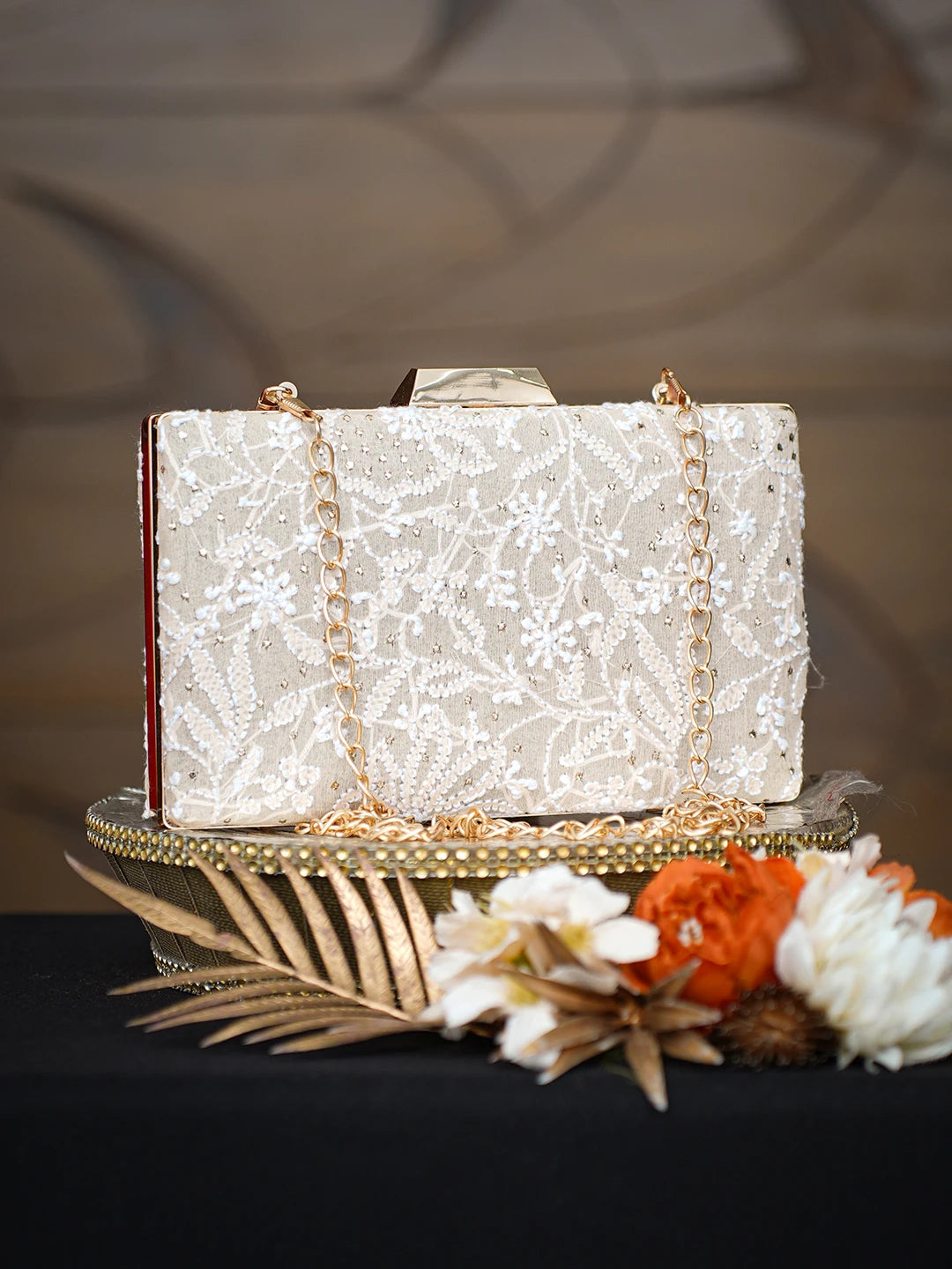 Ada Hand Embroidered Fawn Silk Lucknowi Chikankari Clutch With Muqaish Work 01A791411