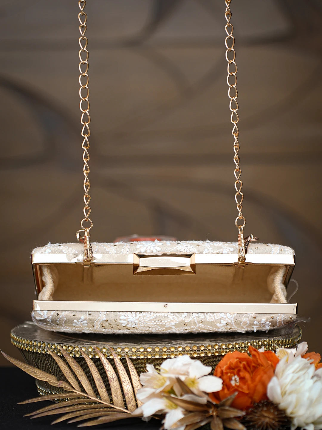 Ada Hand Embroidered Fawn Silk Lucknowi Chikankari Clutch With Muqaish Work 01A791411