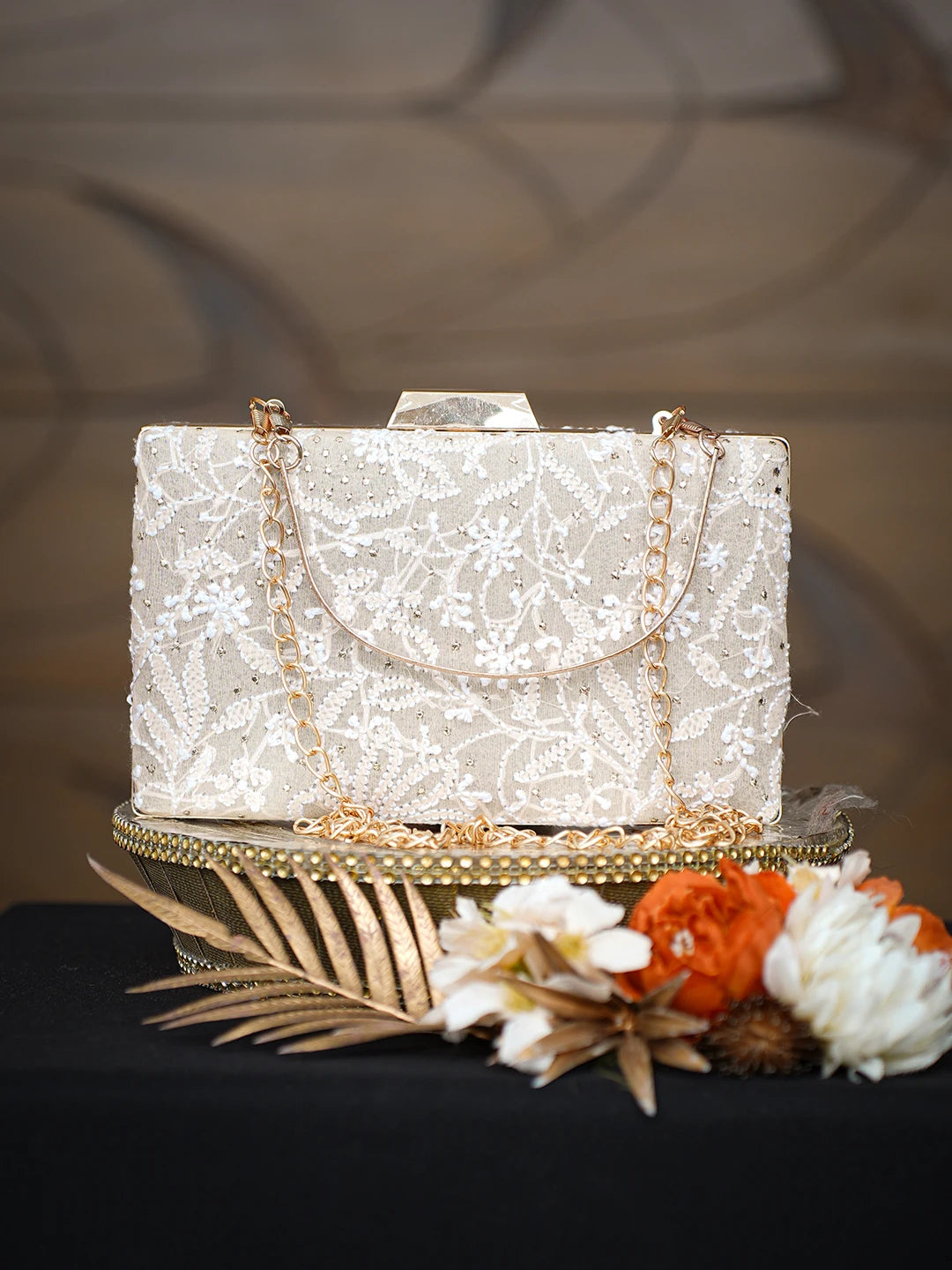 Ada Hand Embroidered Fawn Silk Lucknowi Chikankari Clutch With Muqaish Work 01A791411
