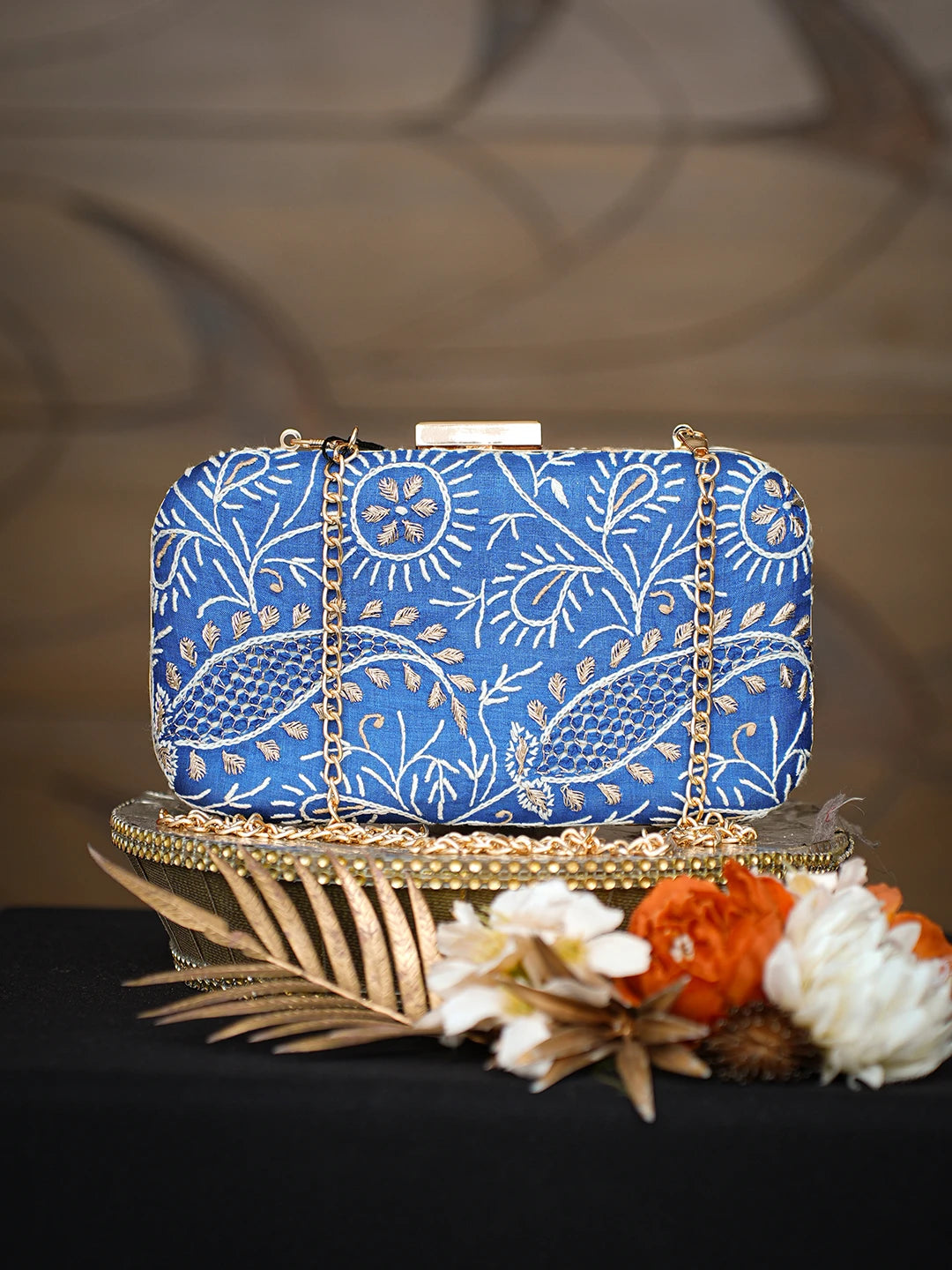 Ada Hand Embroidered Royal Blue Silk Lucknowi Chikankari Clutch With Zari Work 01A784741