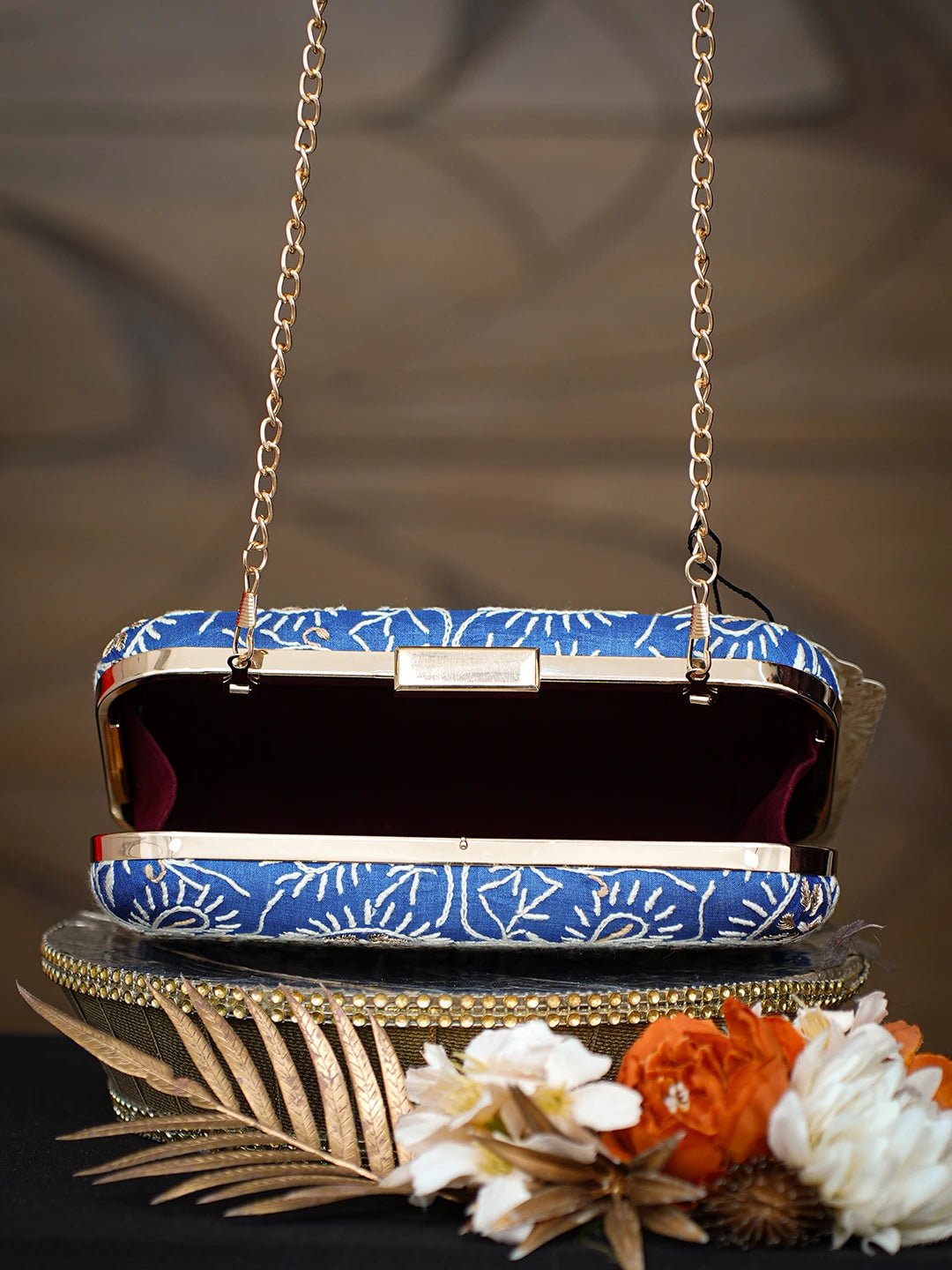 Ada Hand Embroidered Royal Blue Silk Lucknowi Chikankari Clutch With Zari Work 01A784741