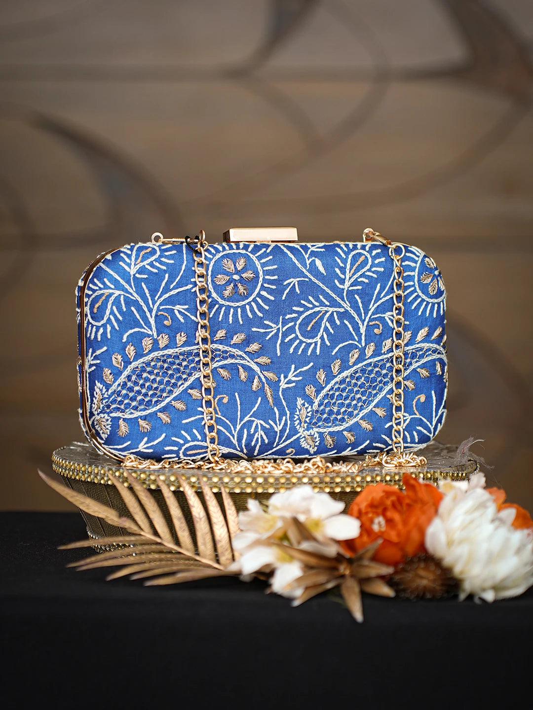 Ada Hand Embroidered Royal Blue Silk Lucknowi Chikankari Clutch With Zari Work 01A784741