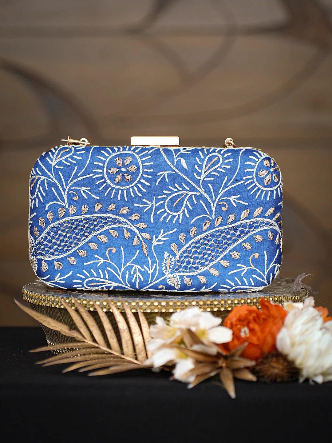 Ada Hand Embroidered Royal Blue Silk Lucknowi Chikankari Clutch With Zari Work 01A784741