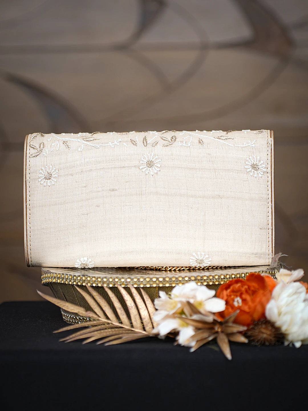 Ada Hand Embroidered Fawn Silk Lucknowi Chikankari Clutch With Zari Work 01A775688