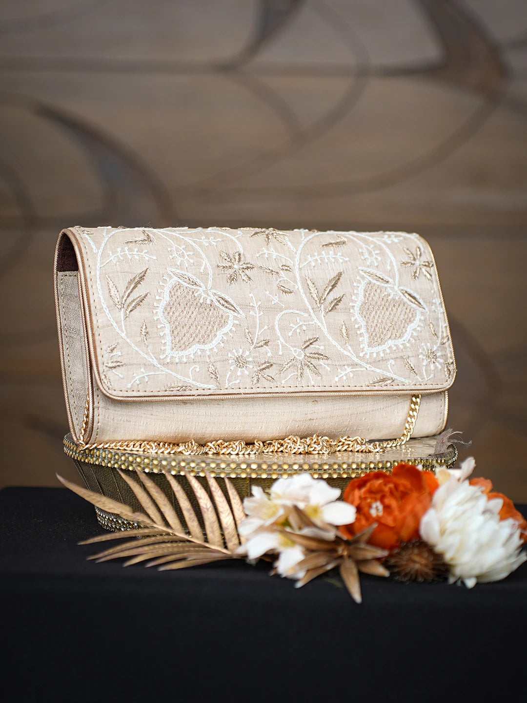 Ada Hand Embroidered Fawn Silk Lucknowi Chikankari Clutch With Zari Work 01A775688