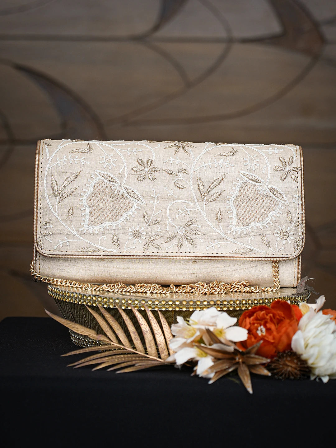 Ada Hand Embroidered Fawn Silk Lucknowi Chikankari Clutch With Zari Work 01A775688