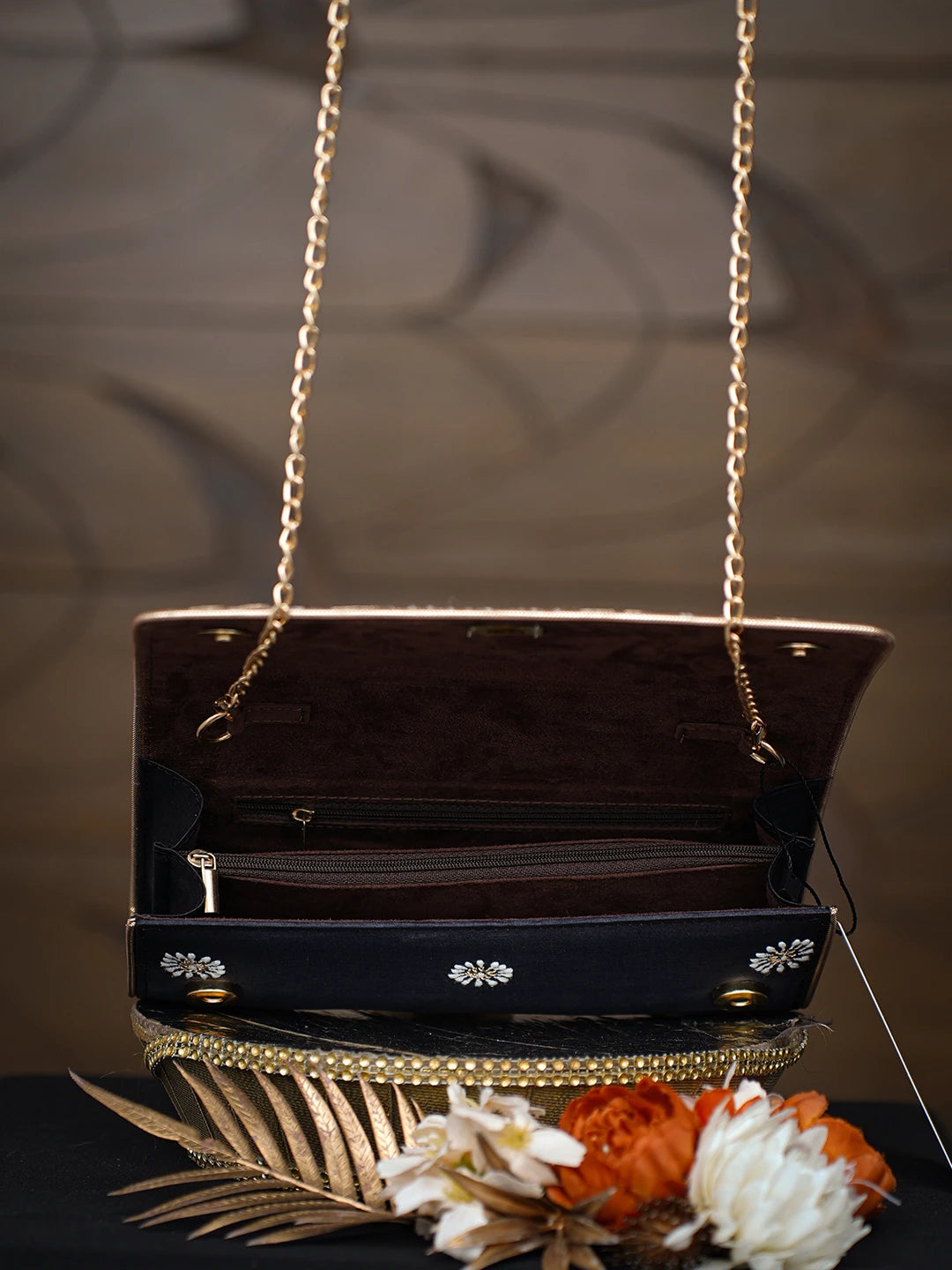 Ada Hand Embroidered Black Silk Lucknowi Chikankari Clutch With Zari Work 01A784833