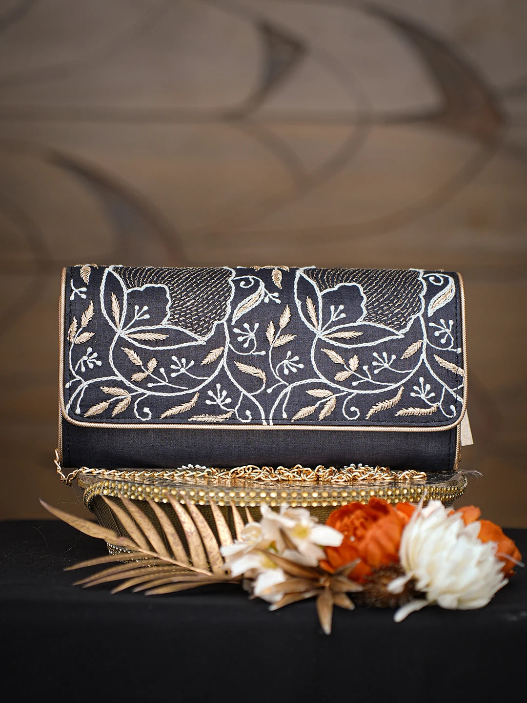 Ada Hand Embroidered Black Silk Lucknowi Chikankari Clutch With Zari Work 01A784833