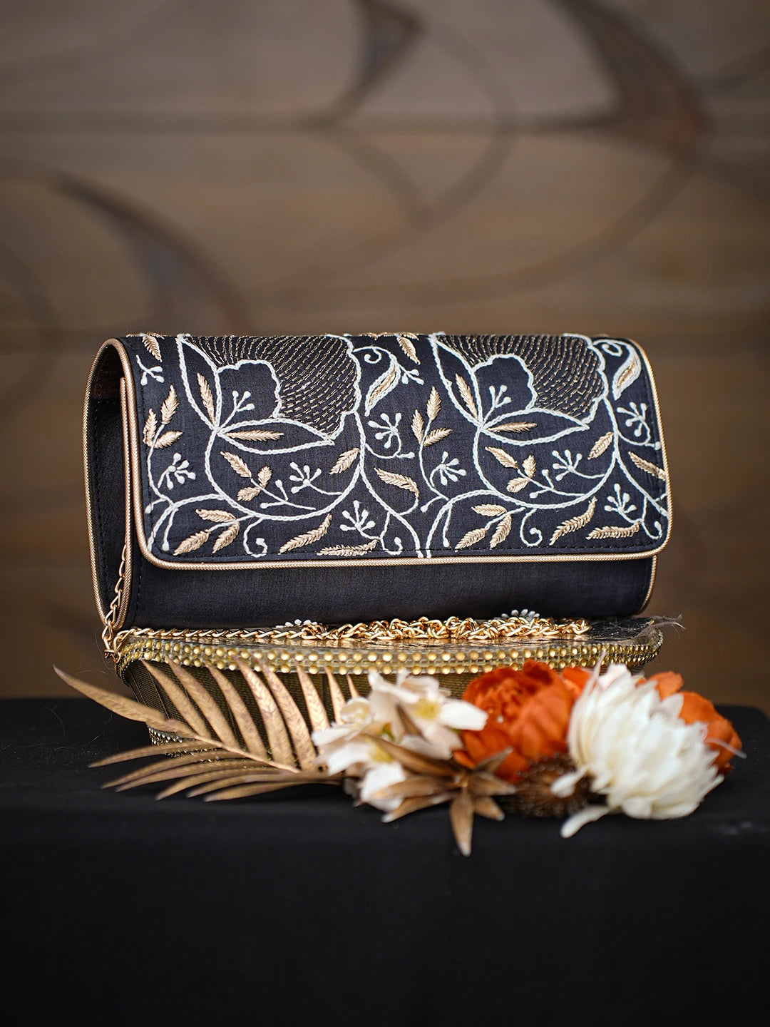 Ada Hand Embroidered Black Silk Lucknowi Chikankari Clutch With Zari Work 01A784833