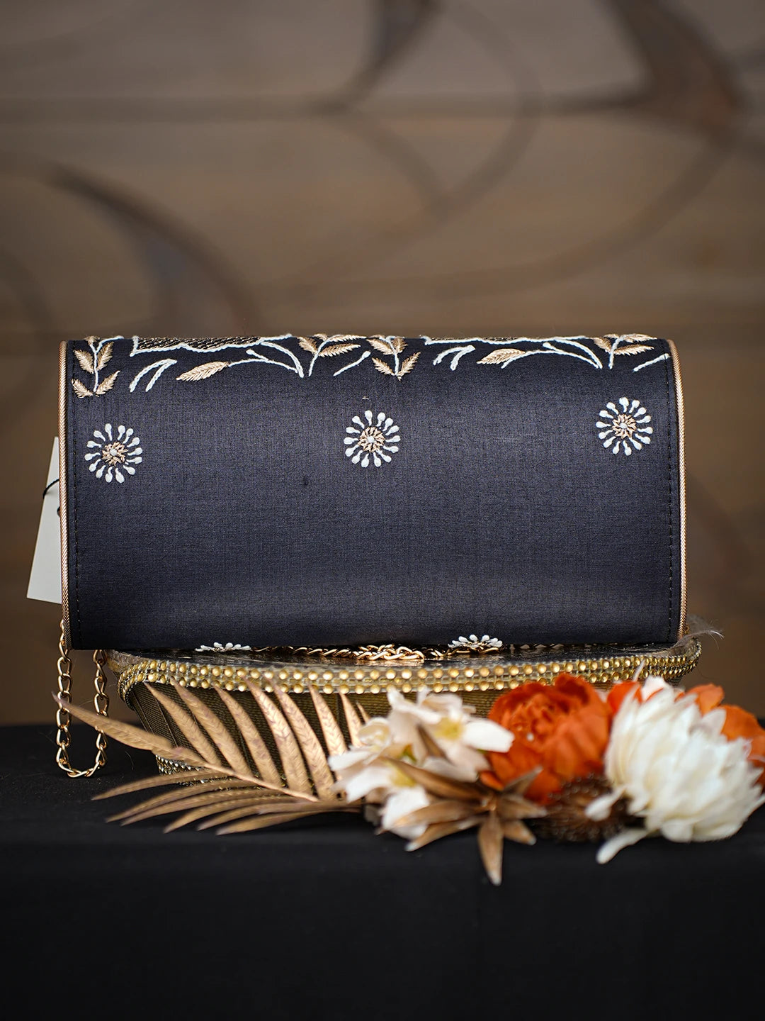 Ada Hand Embroidered Black Silk Lucknowi Chikankari Clutch With Zari Work 01A784833