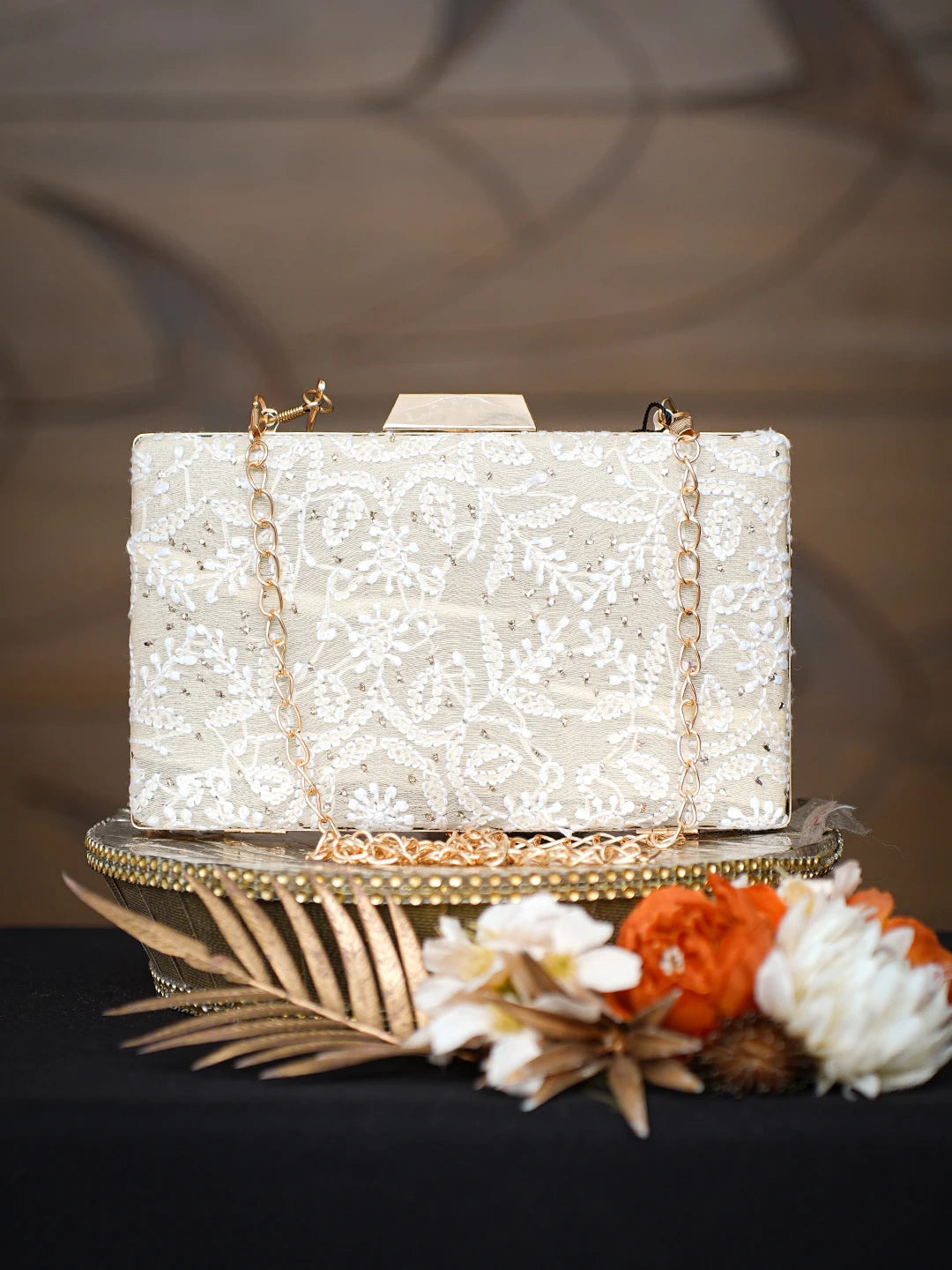 Ada Hand Embroidered Fawn Silk Lucknowi Chikankari Clutch With Muqaish Work 01A791416