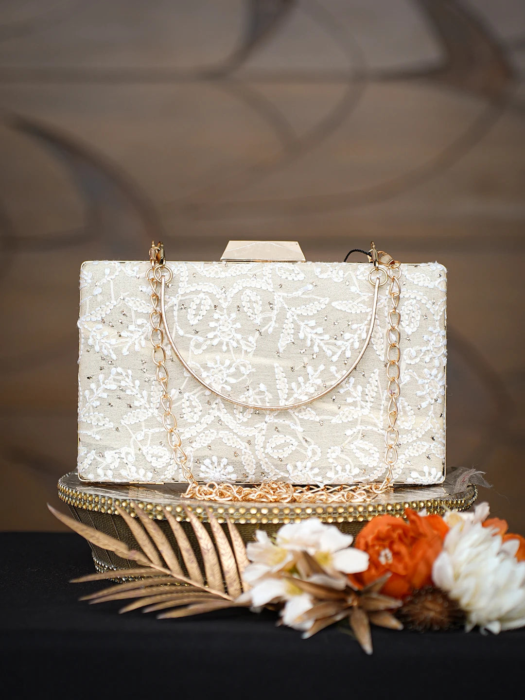 Ada Hand Embroidered Fawn Silk Lucknowi Chikankari Clutch With Muqaish Work 01A791416
