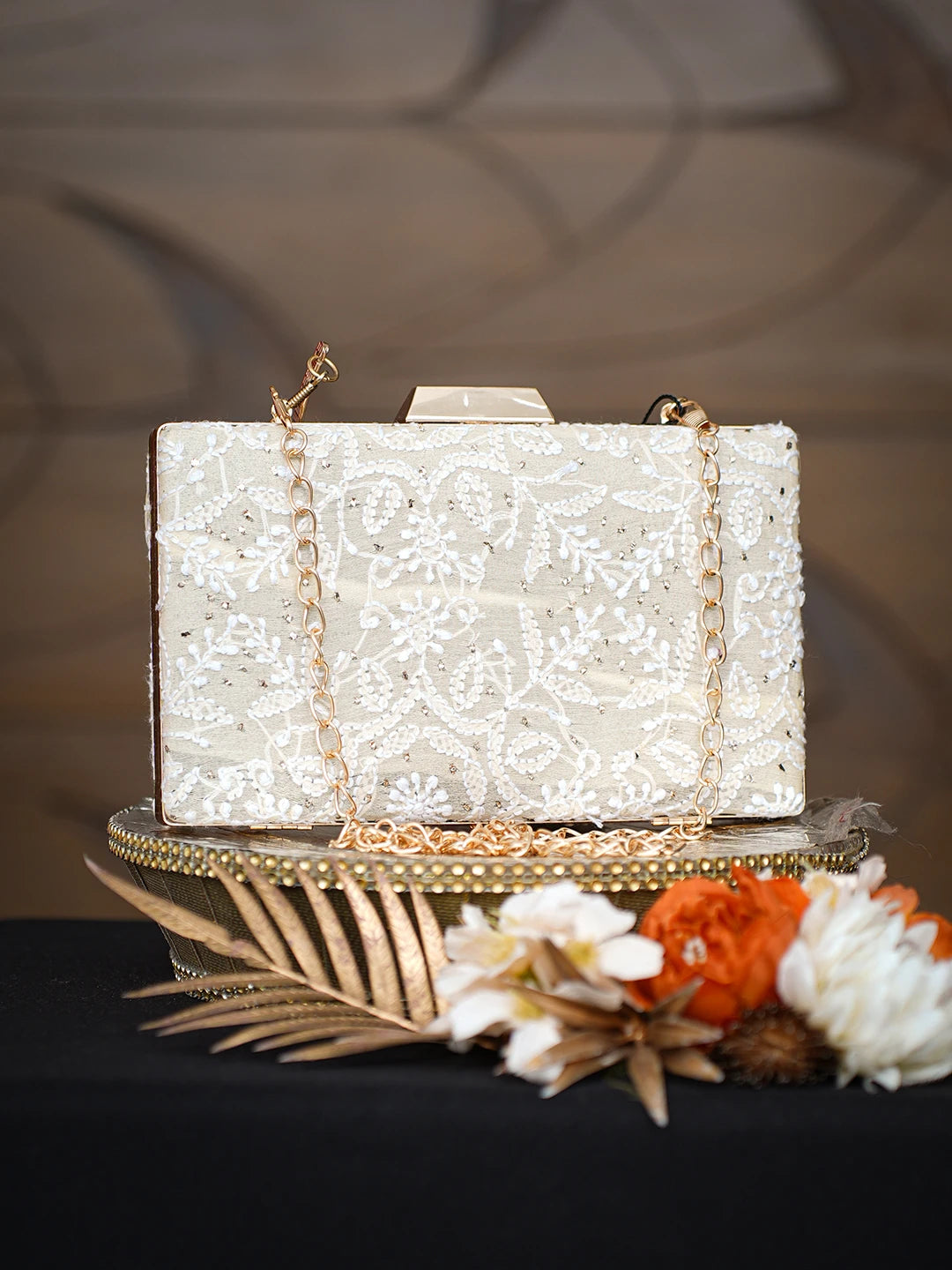 Ada Hand Embroidered Fawn Silk Lucknowi Chikankari Clutch With Muqaish Work 01A791416