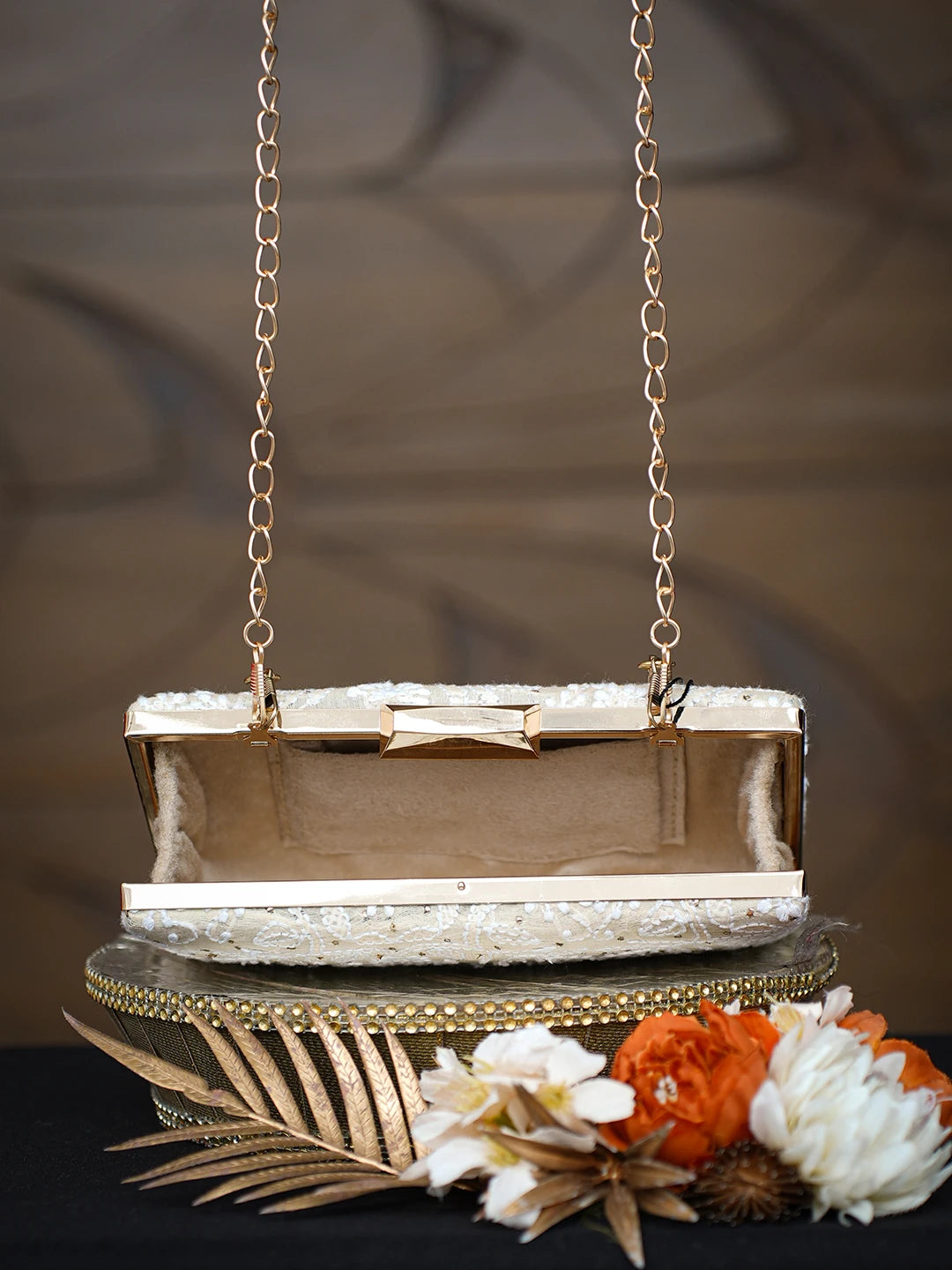 Ada Hand Embroidered Fawn Silk Lucknowi Chikankari Clutch With Muqaish Work 01A791416
